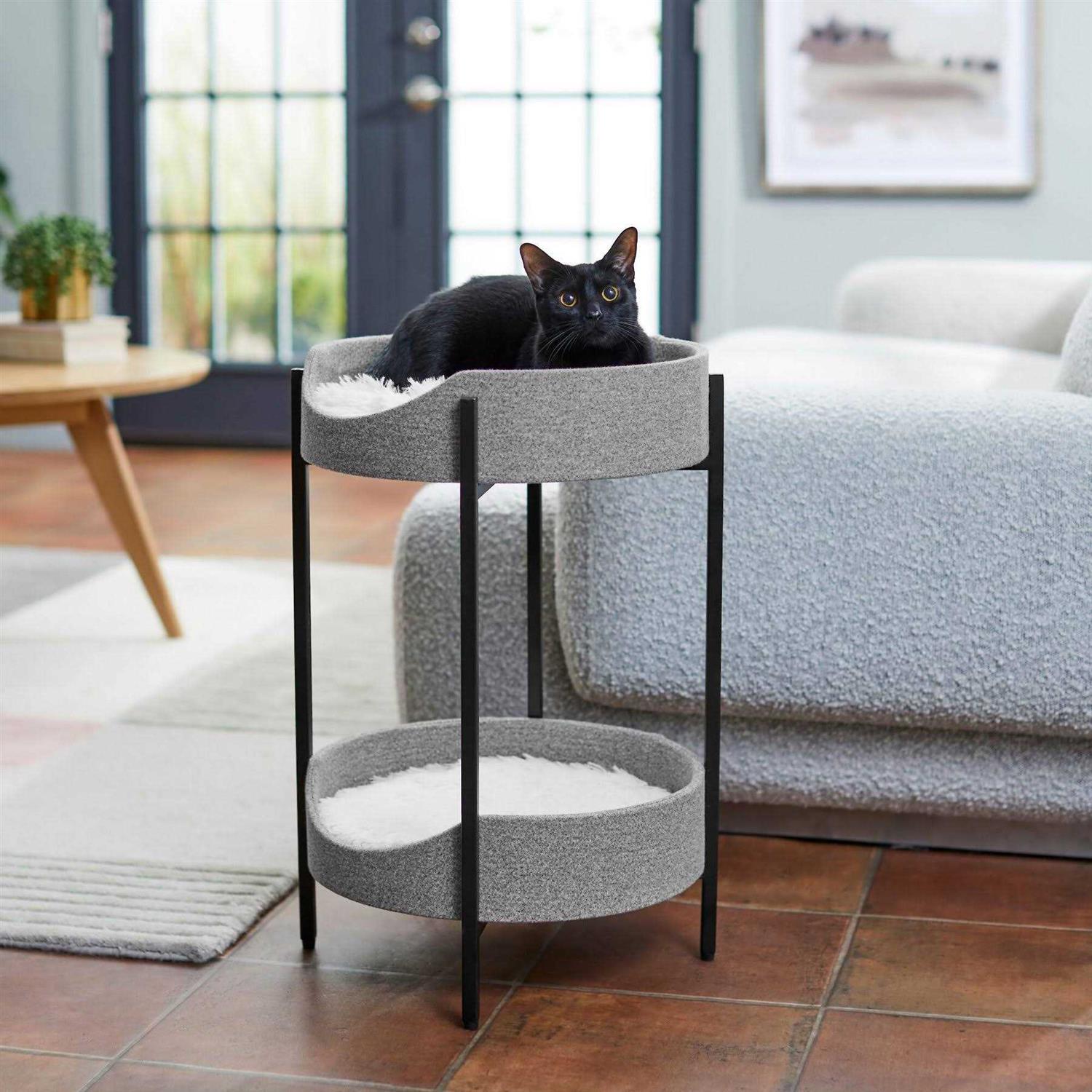 Frisco Elevated Modern Wrought Iron Cat Bed with Long Faux Fur Cushion - Healthber