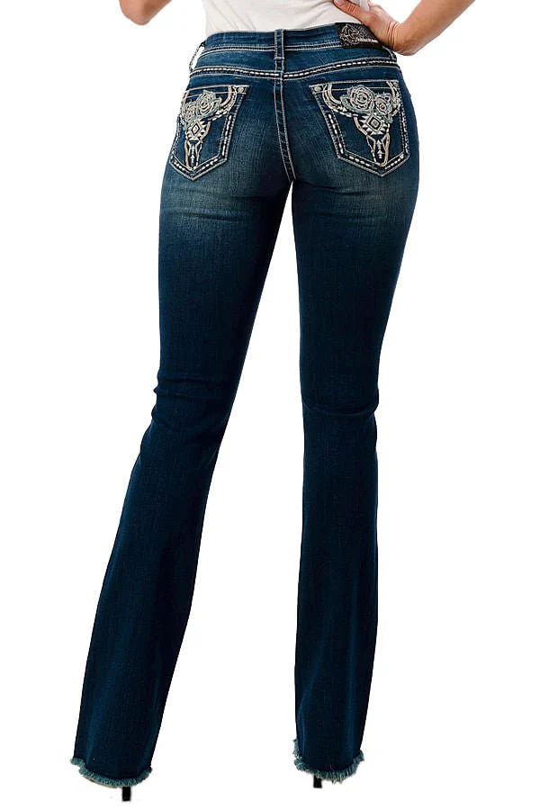 Grace in LA Floral Steer Head Embellished Mid Rise Bootcut Jeans - Healthber