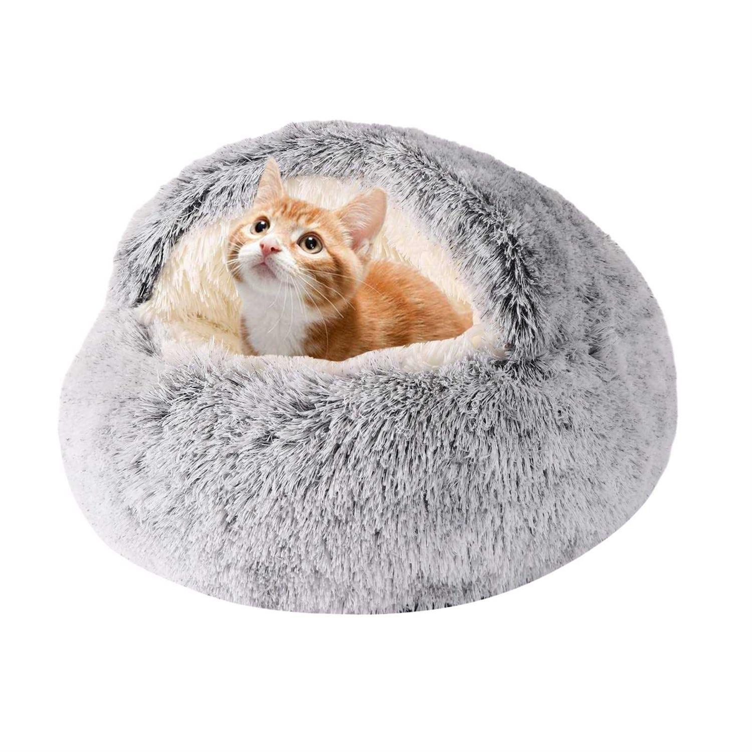 Calming Dog Beds & Cat Cave Bed with Hooded Cover,Removable Washable Round Beds for Small Medium Pets,Anti-Slip Faux Fur Fluffy Coved Bed - Healthber