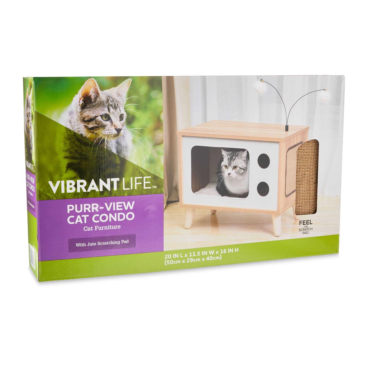 Vibrant Life Purr-View Retro TV Cat Condo with Jute Scratching Pad & Washable Mat - Healthber