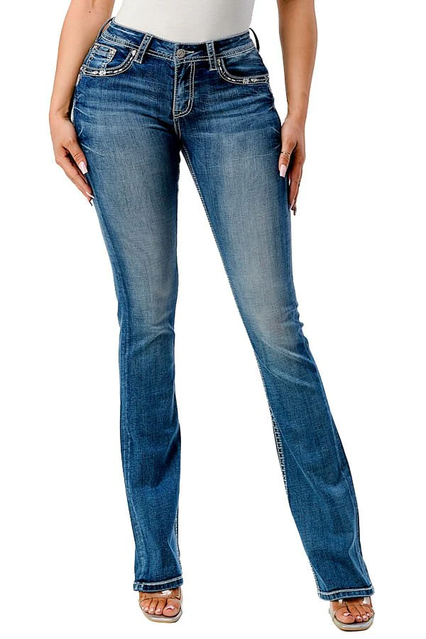 Grace in LA Steer Head Embroidered Mid Rise Bootcut Jeans - Healthber