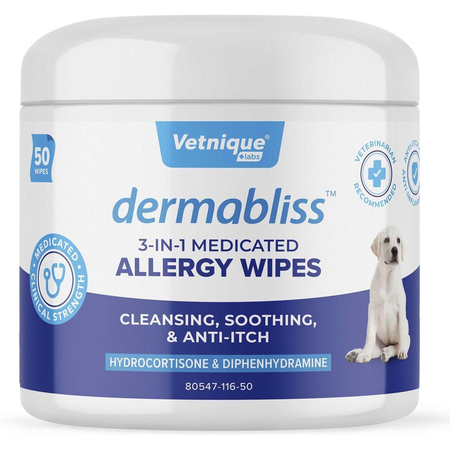 Vetnique Labs Dermabliss Medicated Hydrocortisone 3-in-1 Allergy Cat & Dog Wipes - Healthber