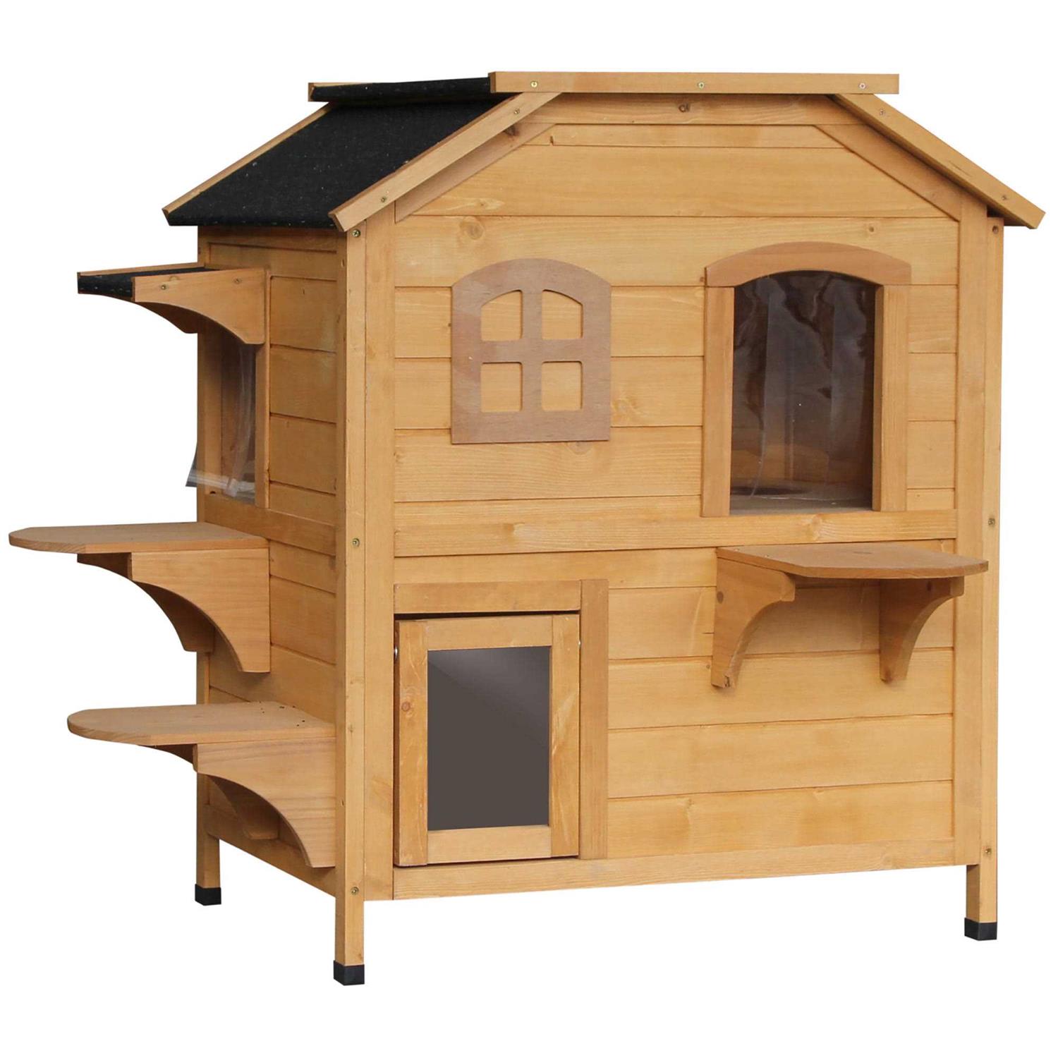 PawHut Wooden 2-Story Outdoor Cat House with Escape Door, Cat Openable Roof Platforms - Healthber