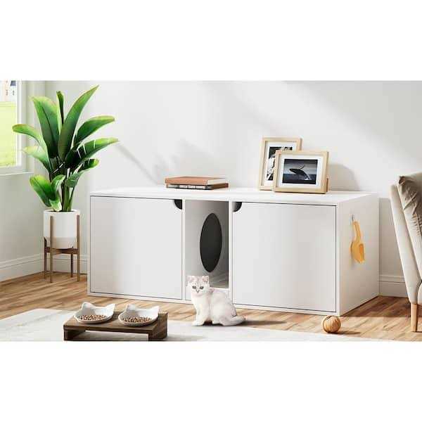 FUFU&GAGA White Wood Side End Table Cat Litter Box with Double Room - Healthber