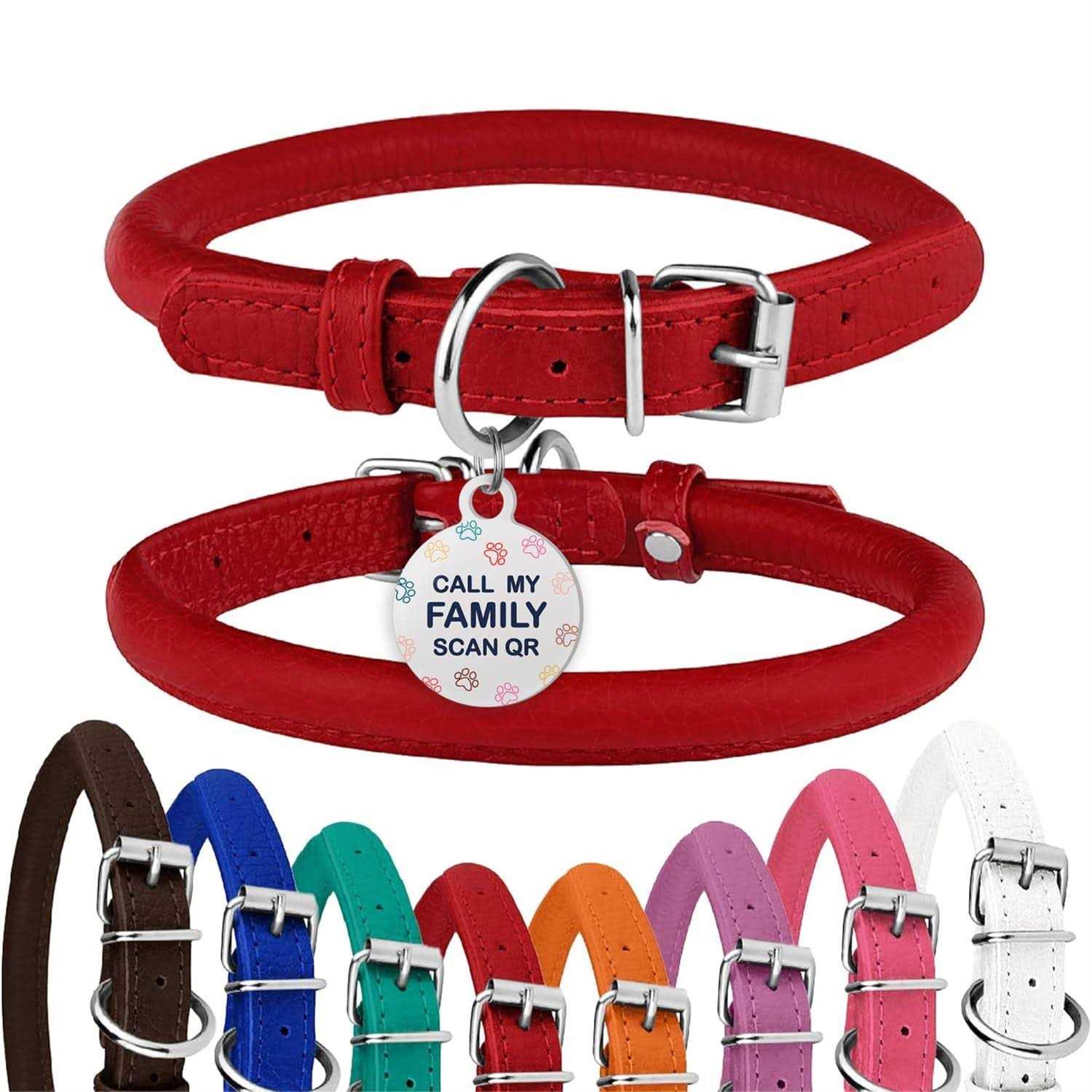 Bronzedog Rolled Leather Dog Collar with QR ID Dog Tag Round Personalized Collars for Small Medium Large Dogs Puppy Cat - Healthber