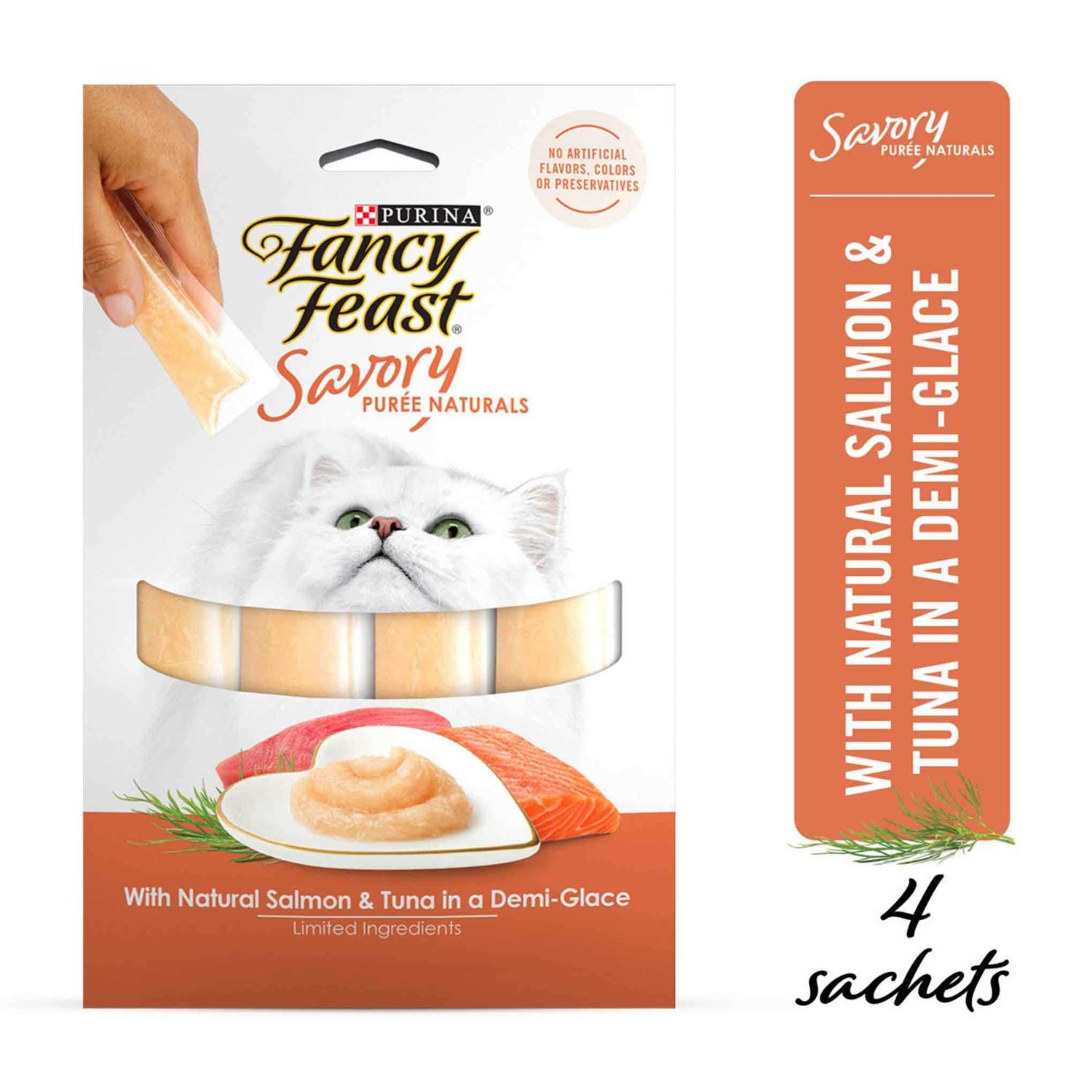 Fancy Feast Savory Puree Naturals Squeezable Salmon & Tuna in Demi-Glace Cat Treats - Healthber