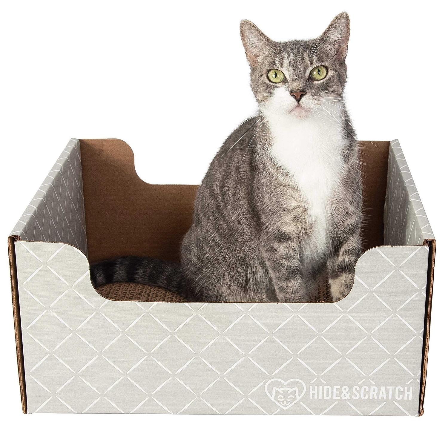 Hide & Scratch Extra-Large Heavy Duty Cardboard Cat Scratcher and Lounger Box with Refillable Scratch Pad - Healthber