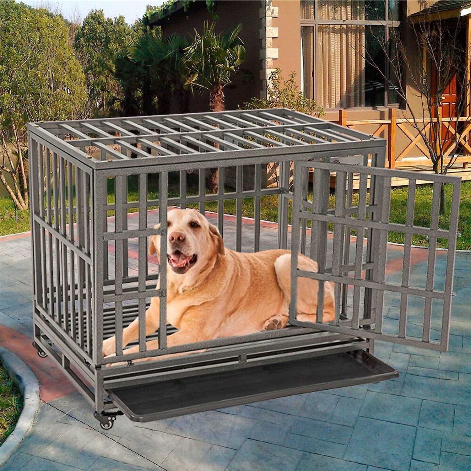 SMONTER Heavy Duty Strong Metal Dog Cage Pet Kennel Crate Playpen Wheels - Healthber