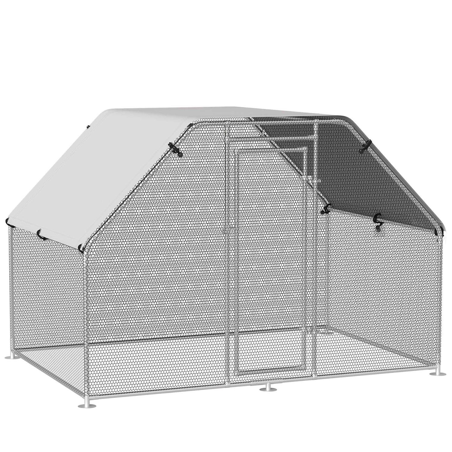 PawHut Galvanized Metal Chicken Coop Cage with Cover Walk-In Pen Run - Healthber