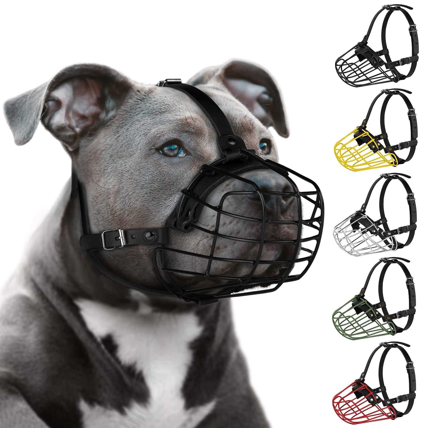 BUDKAS Pitbull Dog Muzzle Metal Mask Amstaff Secure Wire Basket Adjustable Durable Leather Straps for Large Dogs - Healthber