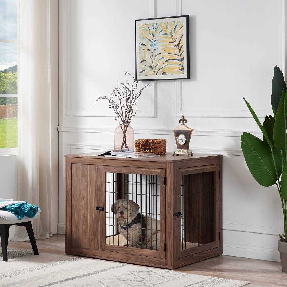 Unipaws Dog Crate End Table with Cushion Wooden Wire Pet Kennels with Double Doors - Healthber