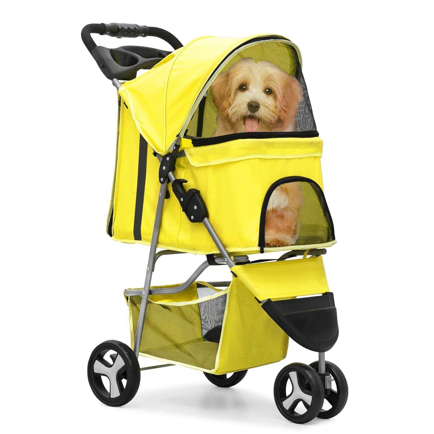 MoNiBloom Foldable Pet Stroller with Weather Cover, 3 Wheels Pet Small Dogs and Cats with Storage Basket and Cup Holder - Healthber