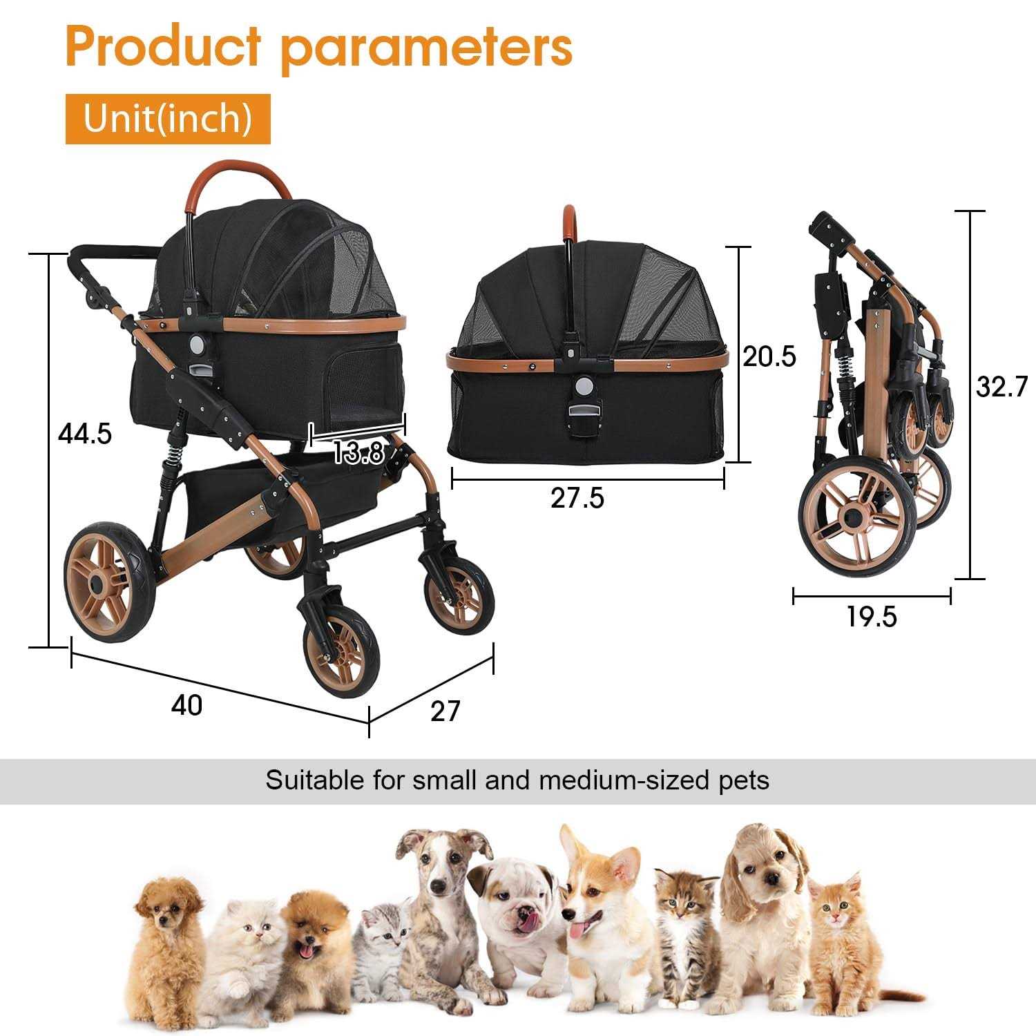 BestPet Pet Stroller Premium 3-in-1 Multifunction 4 Wheels Dog Cat Stroller for Large Medium Dogs Cats Aluminium Frame Folding Lightweight Travel - Healthber