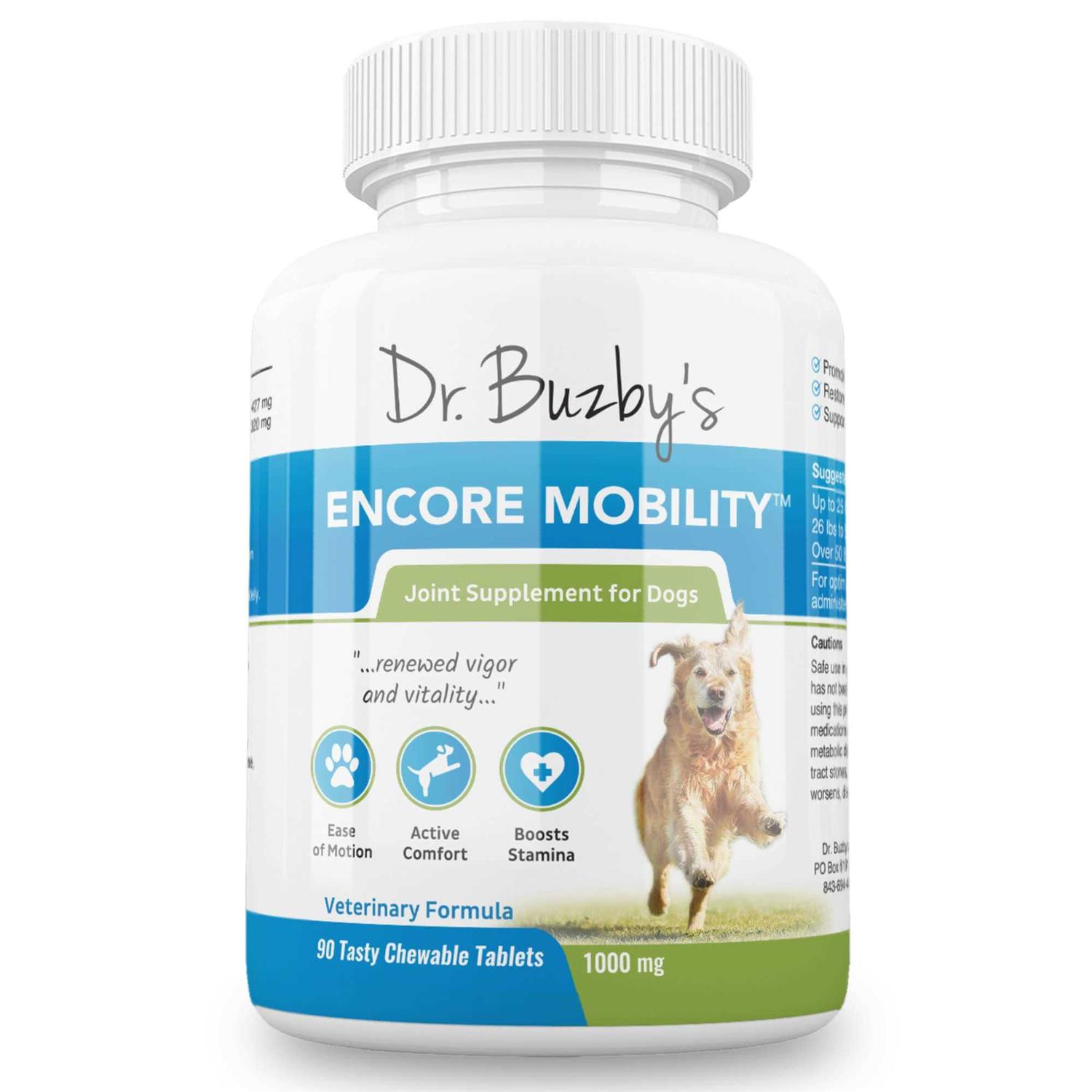 Dr. Buzby’s Encore Mobility Hip & Joint Supplement for Senior Dogs, 90 Chewable Tablets, Natural New Zealand Deer Velvet and Green Lipped Mussel - Healthber
