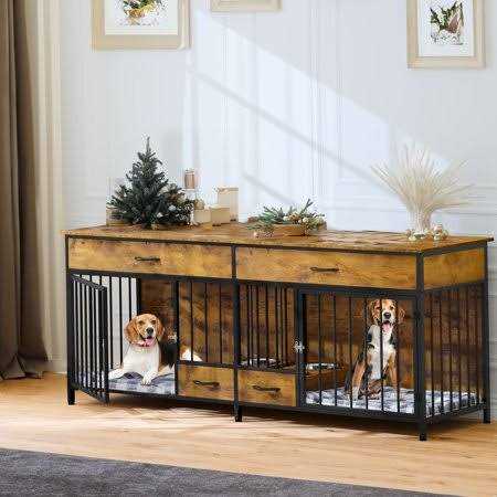 Dextrus Dog Crate Furniture Large Breed with Dog Feeder 74.8 inch inch Wooden Dog Kennel Furniture Indoor Heavy Duty Dog Crate with Drawers - Healthber