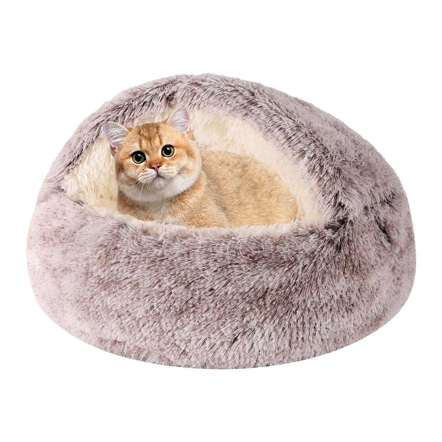 Calming Dog Beds & Cat Cave Bed with Hooded Cover,Removable Washable Round Beds for Small Medium Pets,Anti-Slip Faux Fur Fluffy Coved Bed - Healthber