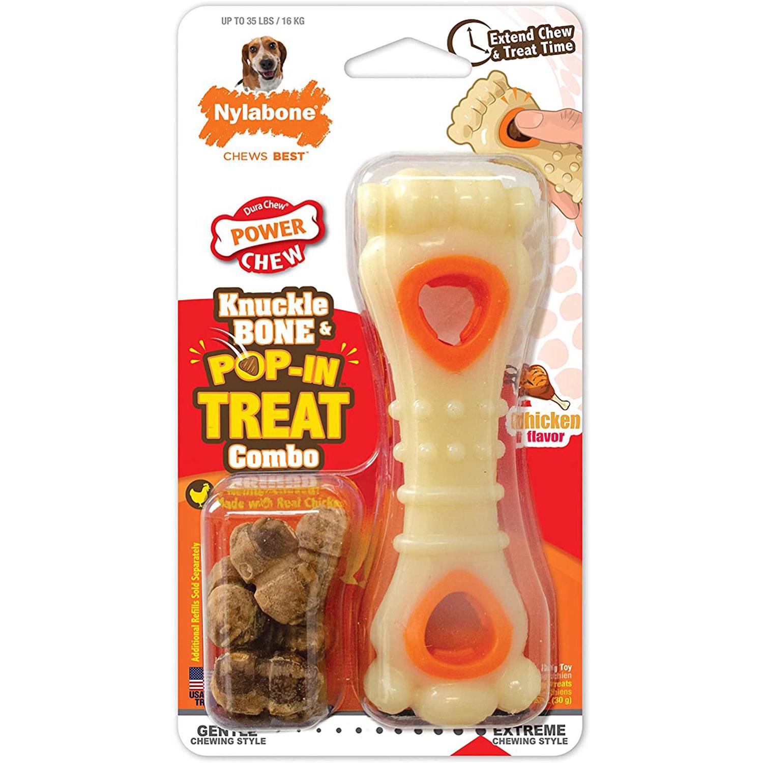Nylabone Power Chew Knuckle Bone & Pop-In Treat Combo Chicken Toy - Healthber