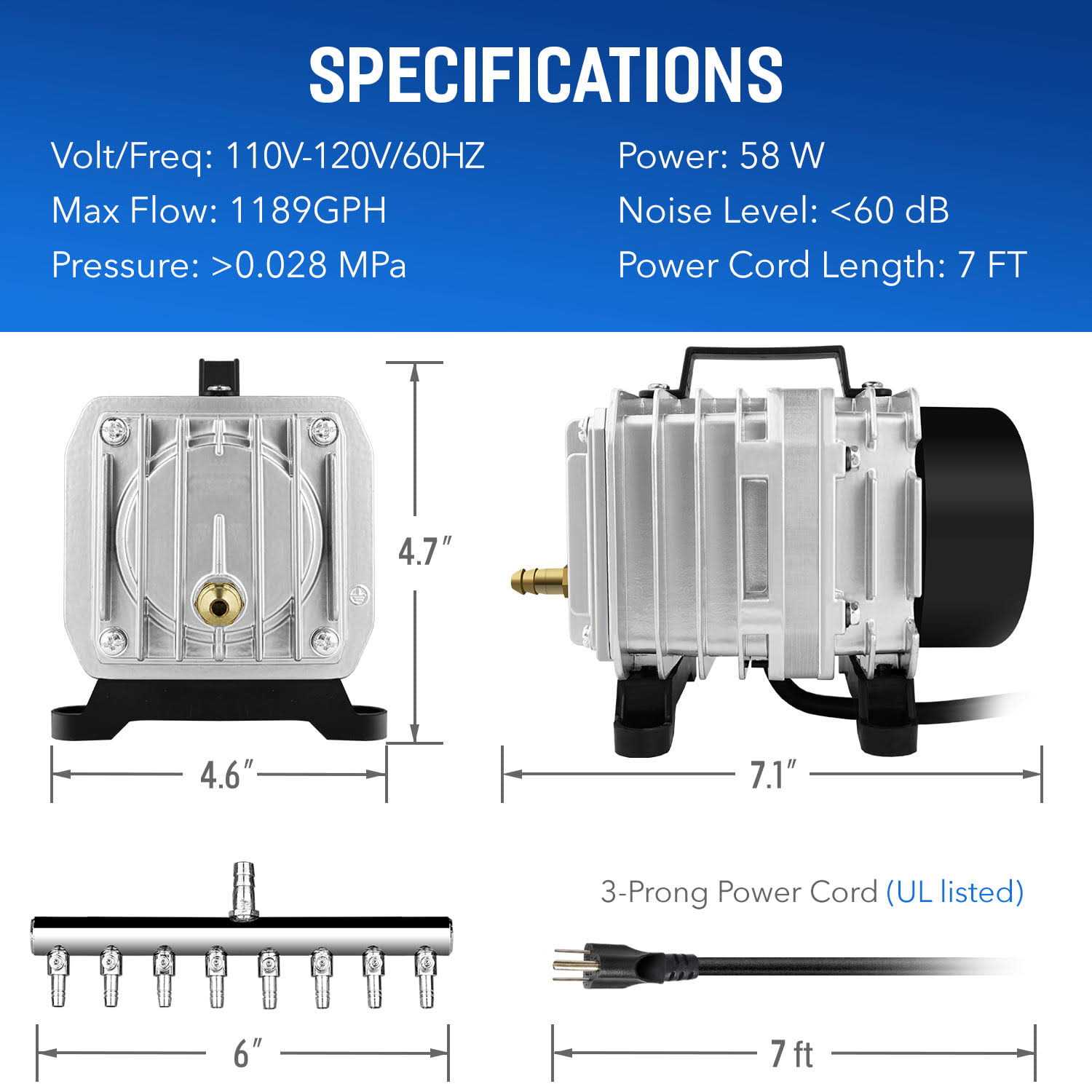 Simple Deluxe Commercial Air Pump LGPUMPAIR75 1189 GPH 58W 75L/min 8 Outlets with Airline Tubing 25 Feet for Aquarium - Healthber