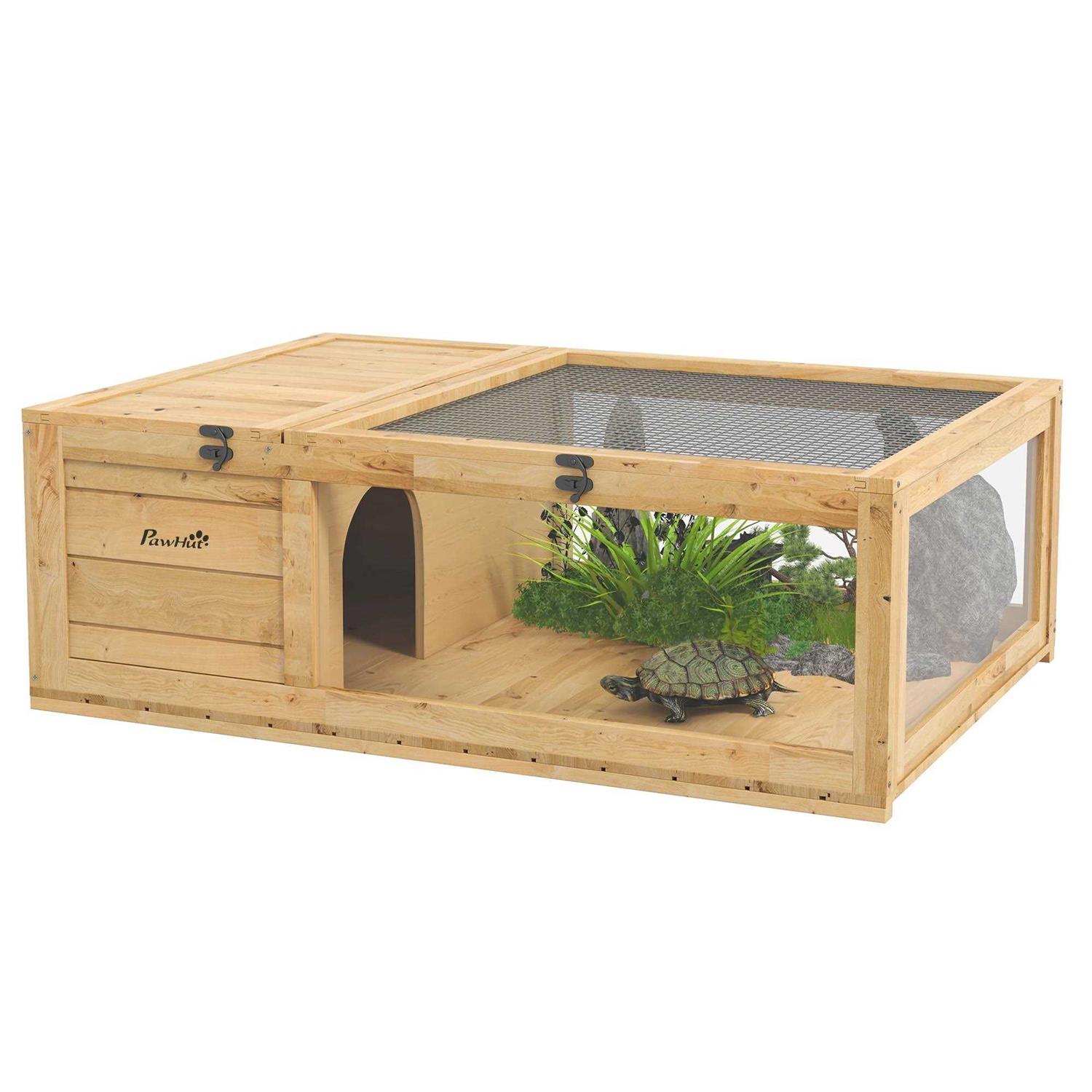PawHut Wooden Tortoise House Turtle Habitat Enclosure Outdoor Reptile Cage - Healthber