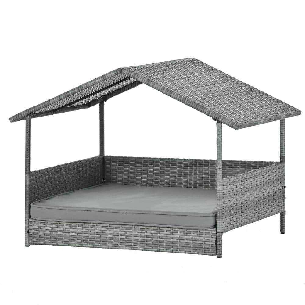 Dark Gray Medium Outdoor Furniture Pet Patio Furniture Seasonal PE Wicker Pet Furniture Dog Bed with Canopy - Healthber