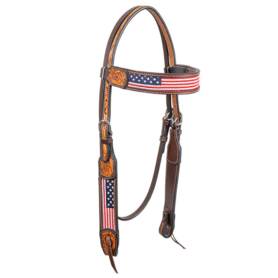 Cody Pro Stars & Stripes Browband Headstall with Floral Tooling - Healthber