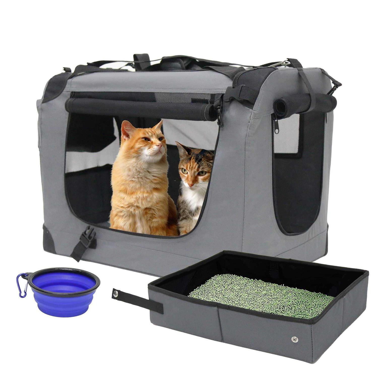 Prutapet Large Cat Carrier Soft-Sided Portable Pet Crate for Car Traveling with Collapsible Litter Box and Bowl - Healthber