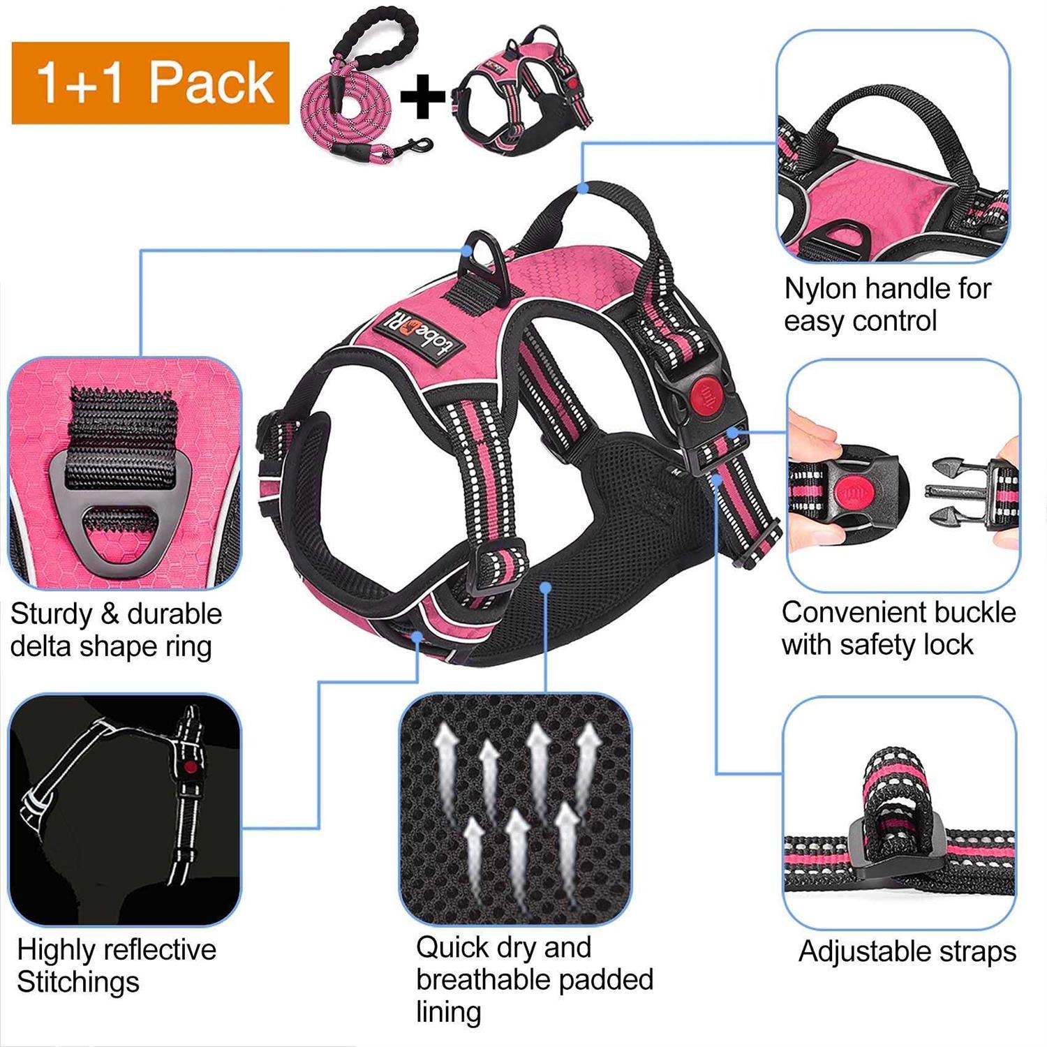 tobeDRI No Pull Dog Harness Adjustable Reflective Oxford Easy Control Medium Large Harness with A Free Heavy Duty 5ft Dog Leash - Healthber
