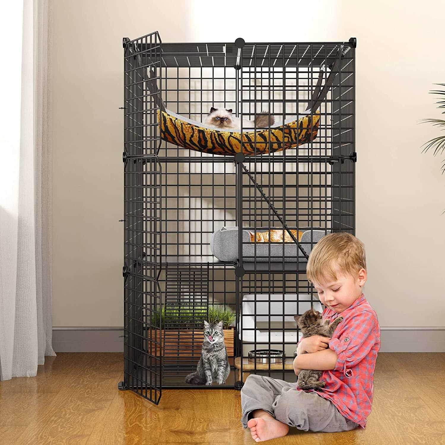 Dextrus 3-Tiers Cat Cage,Cat Enclosures Metal Cat Kennels Pet Crate with Extra Large Hammock for 1-2 Cats - Healthber