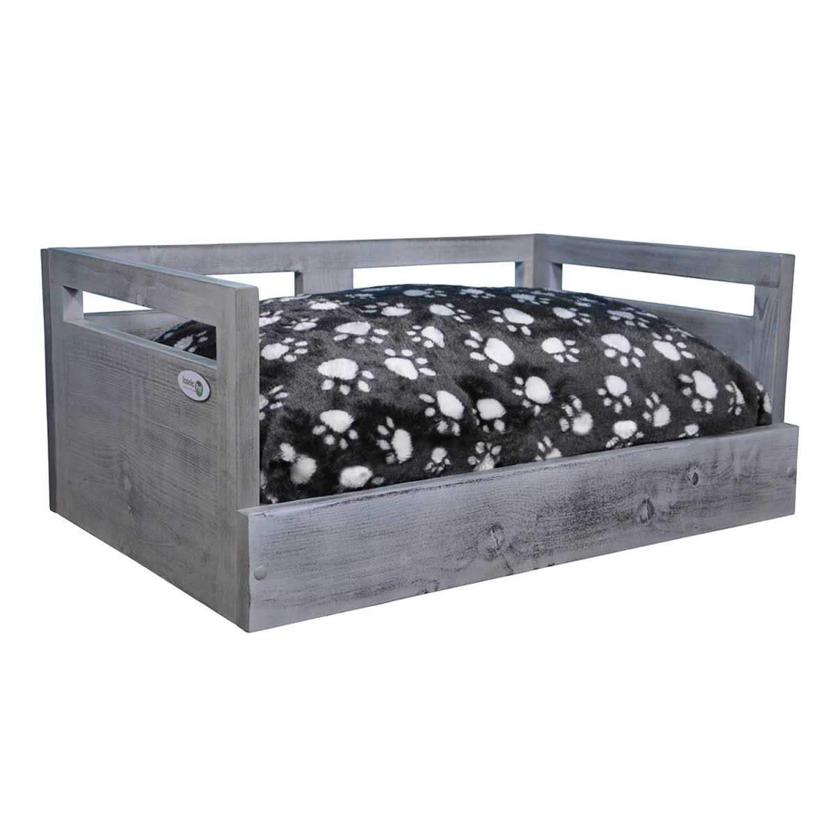 Iconic Pet Sassy Paws Wooden Pet Bed with Paw Printed Comfy Cushion - Healthber