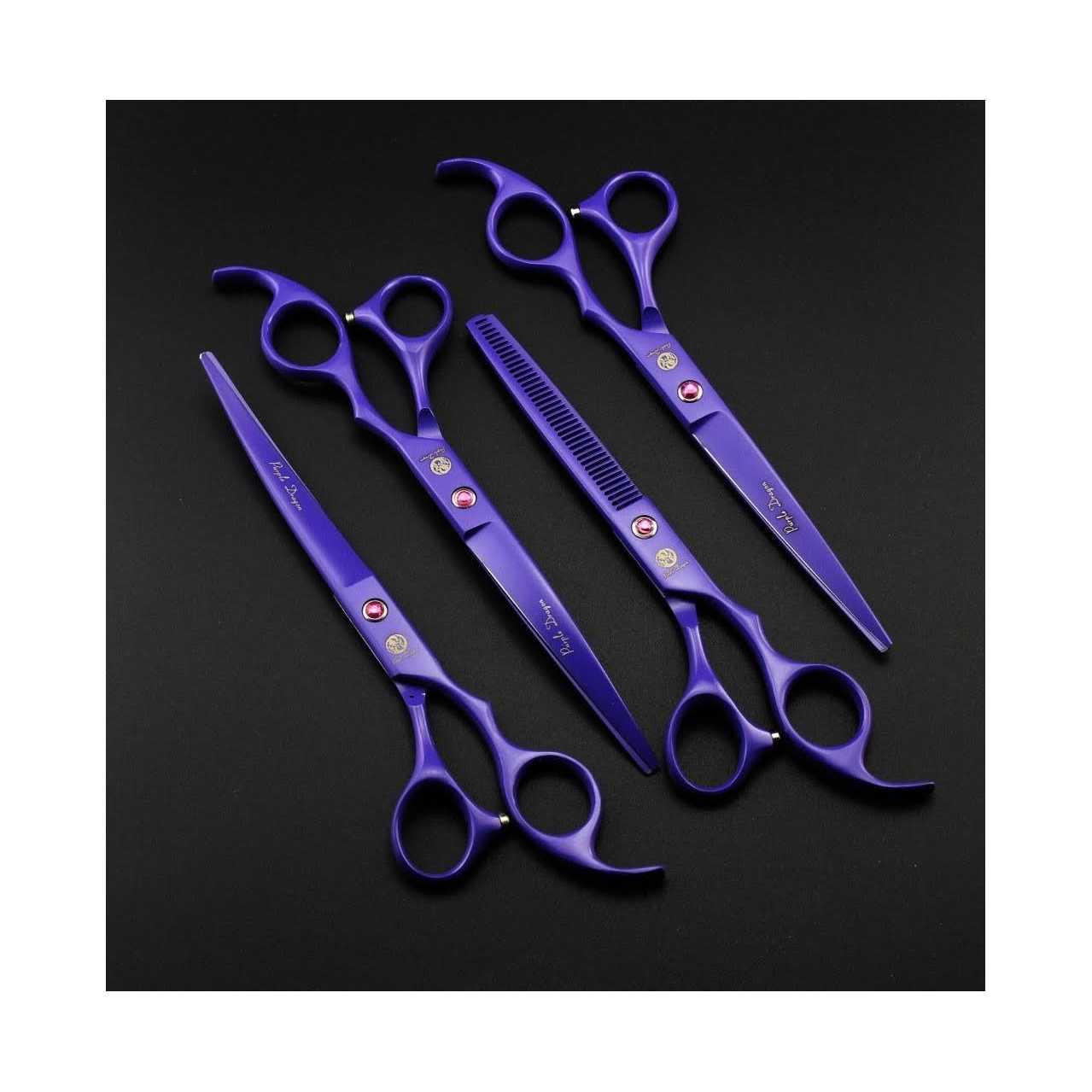 Purple Dragon Professional 7.0 inch 4PCS Pet Grooming Scissors Kit Japan Premium Steel Straight & Curved & Thinning Blade Dog Hair Cutting Shears Set - Healthber
