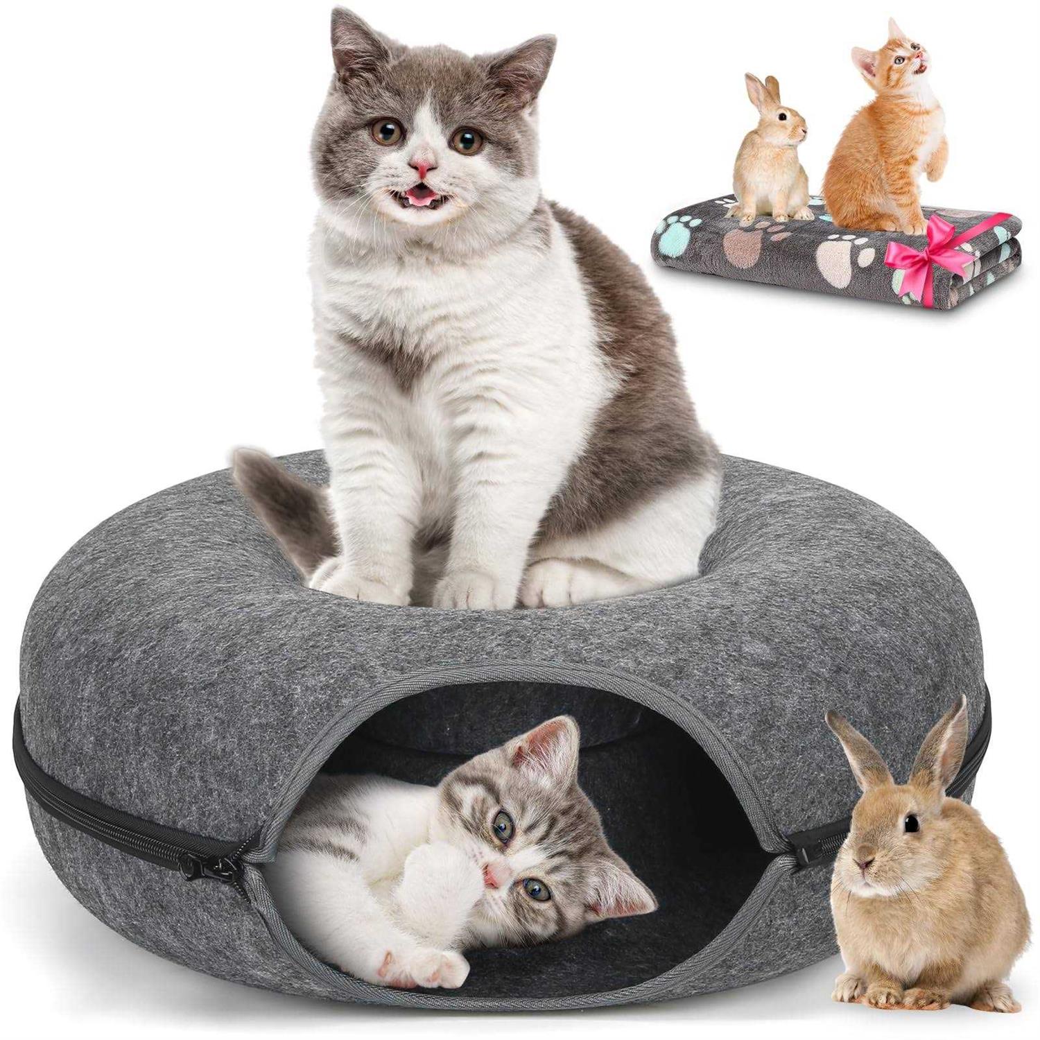 HOMAGICO Cat Tunnel Bed,Peekaboo Cat Cave with Pet Blanket,Detachable Donut Tunnels for Indoor Cats,Cat Tunnel Toy,Felt Round Cat Bed Suitable - Healthber