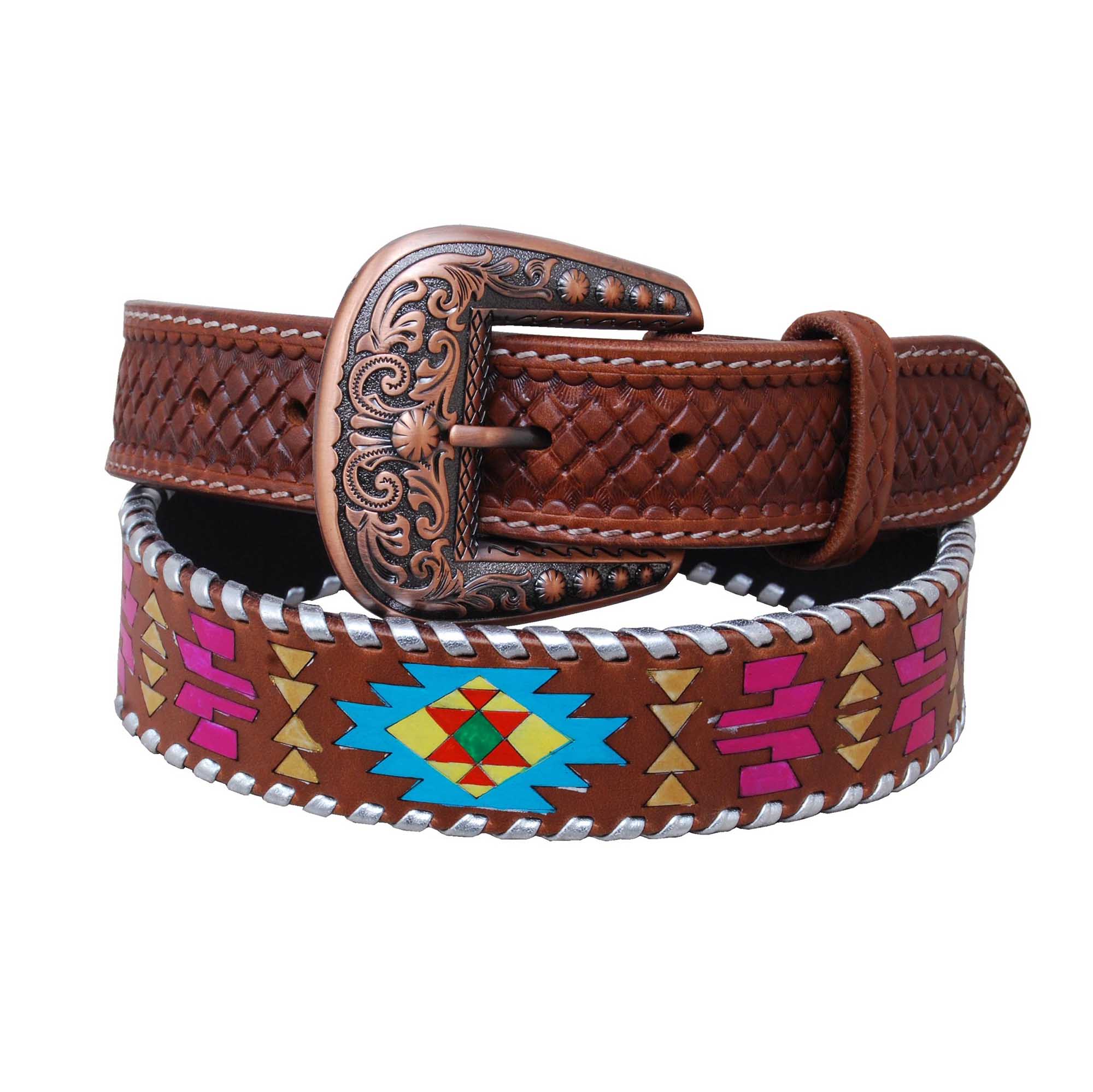Rafter T Women's Painted Aztec & Silver Stitch Leather Belt - Healthber
