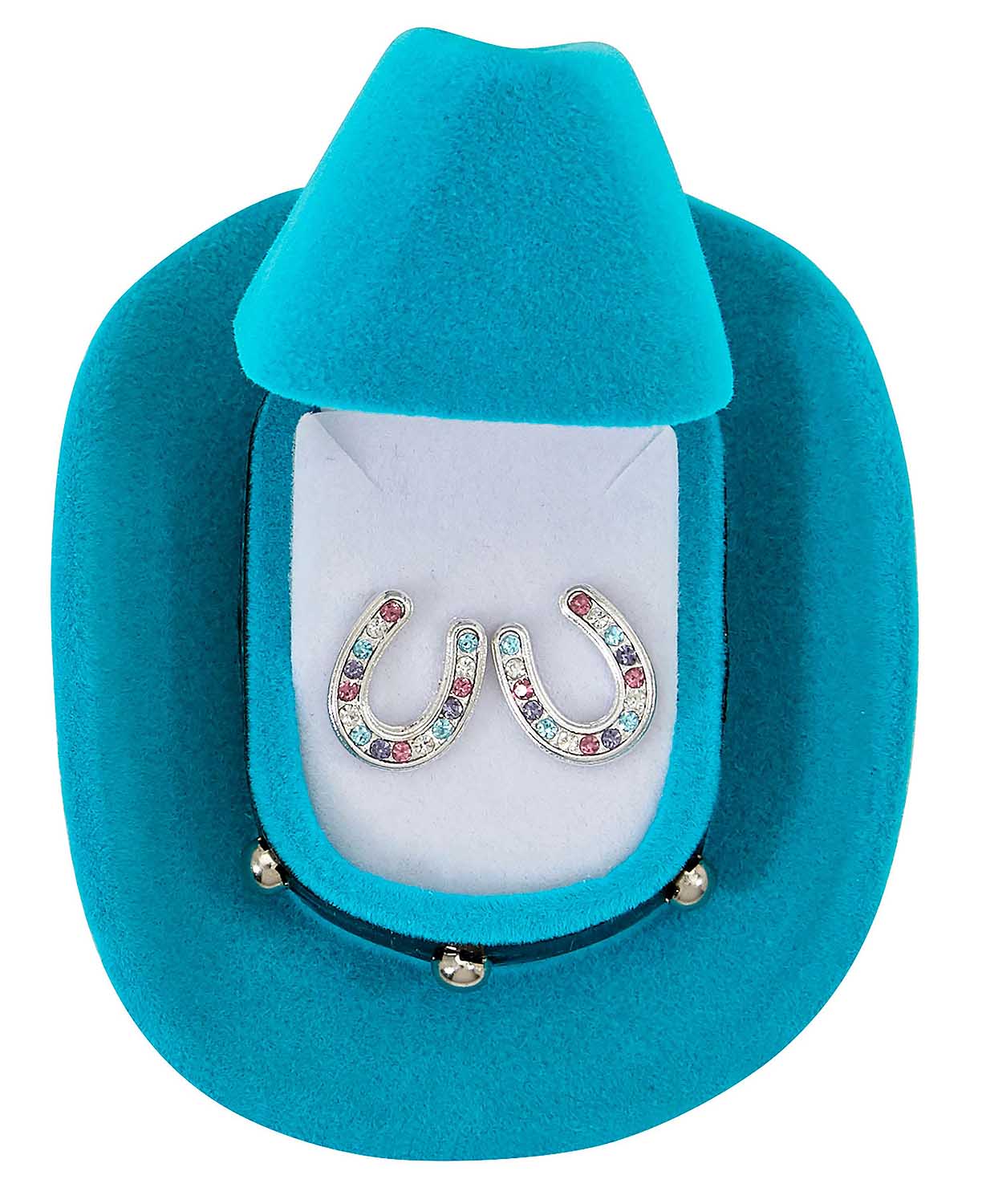Multi Colored Horseshoe Earrings with Blue Cowboy Hat Box - Healthber