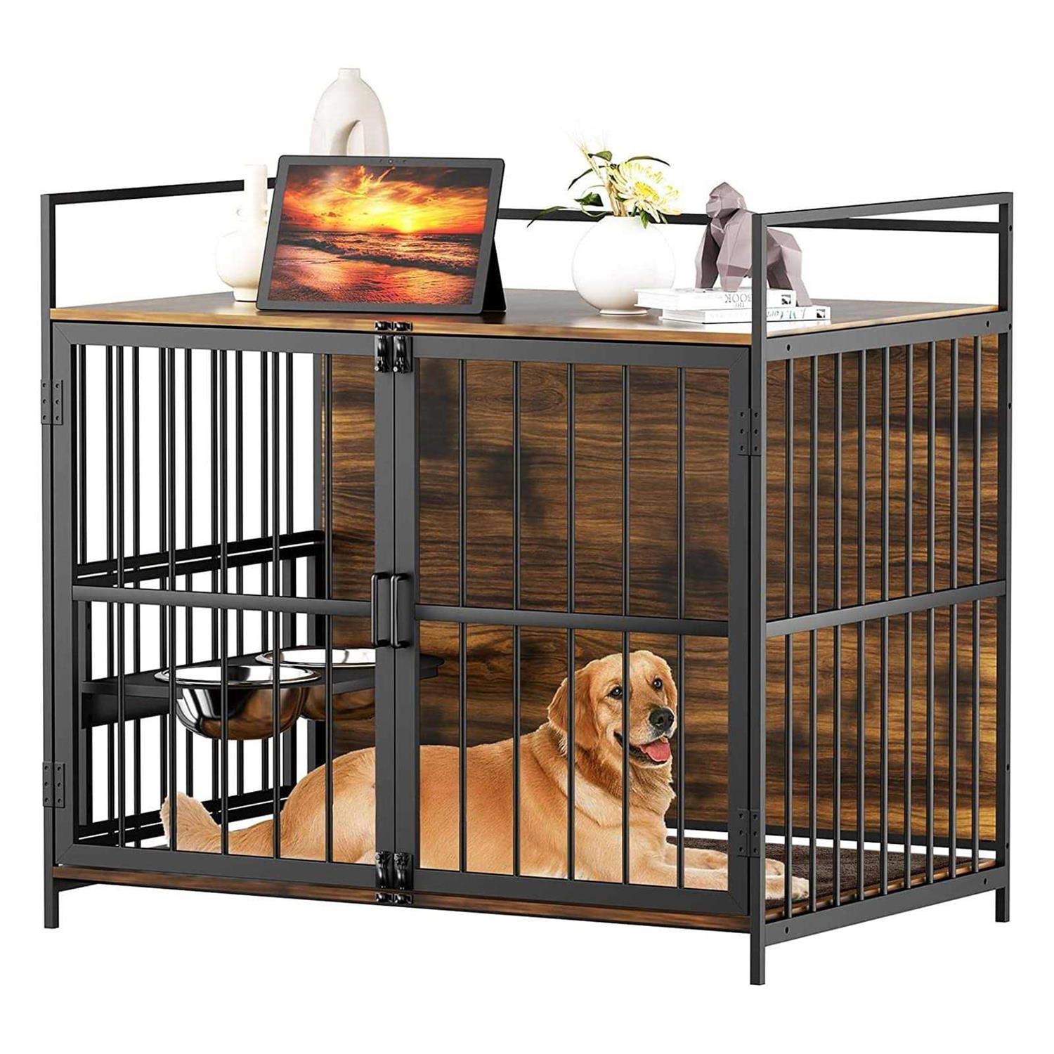 ROOMTEC Furniture Style Large Dog Crate with 360° & Adjustable Raised Feeder for Dogs 2 Stainless Steel Bowls -End Table House Pad - Healthber