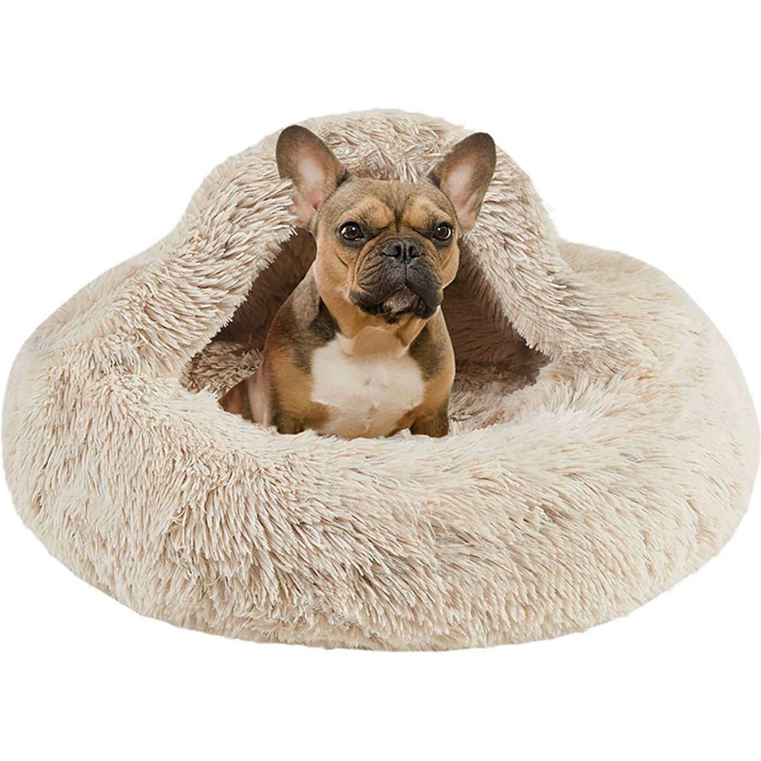 Friends Forever Luna Donut Cat Bed Cave Soft Faux Fur Hooded Blanket Dog couch For Indoor Pet - Healthber