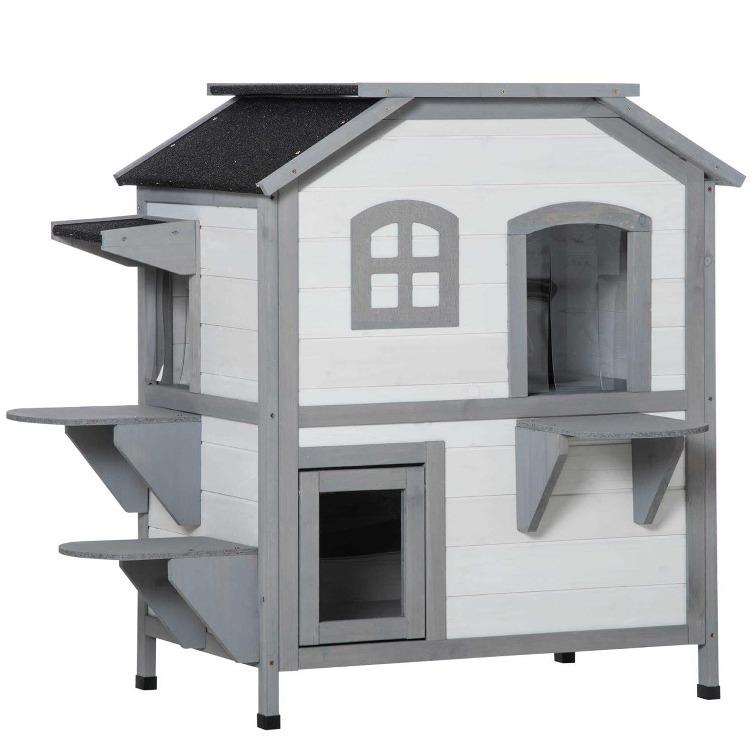 PawHut Wooden 2-Story Outdoor Cat House with Escape Door, Cat Openable Roof Platforms - Healthber