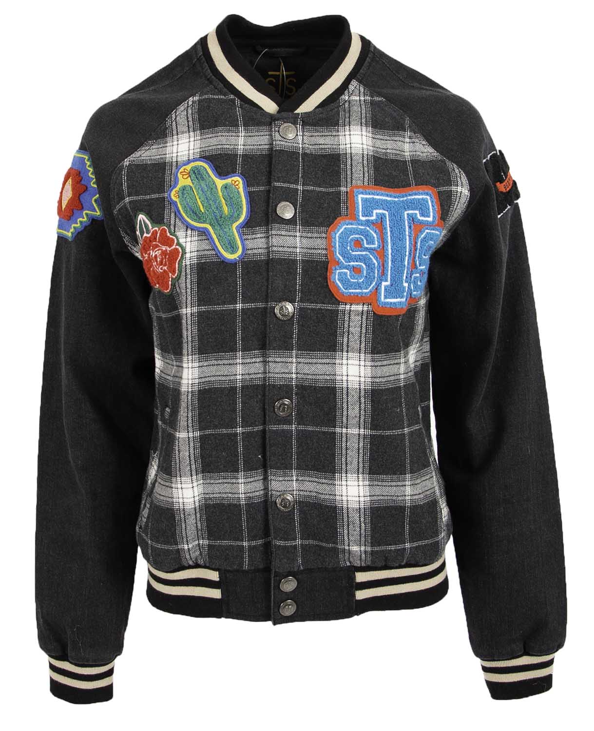 STS Ladies' Black Plaid Varsity Jacket with Patches - Healthber