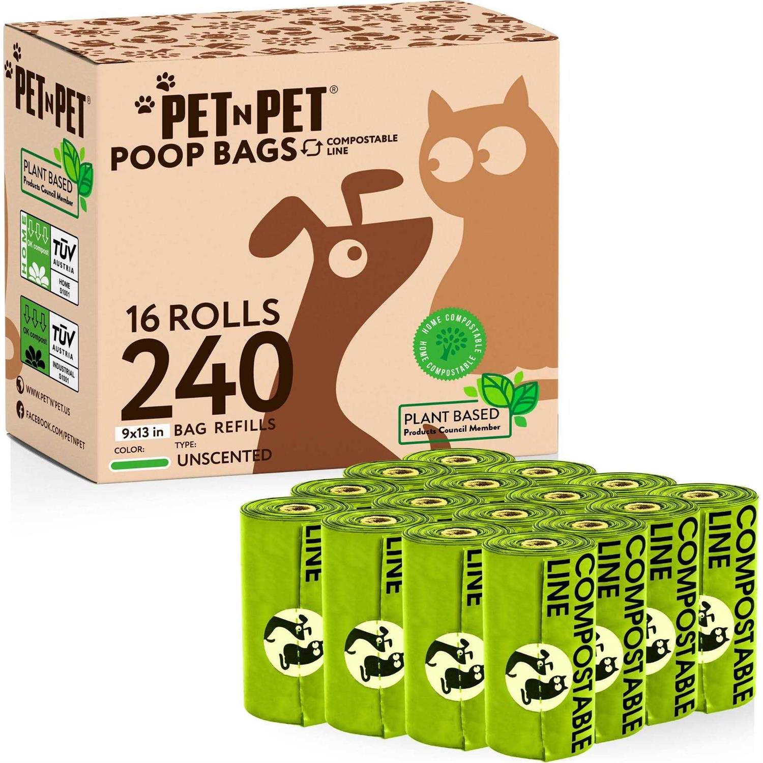 PET N PET Poop Bags 240 Count Compostable Poop Bags 100% Vegetable Based Corn Starch Poop Bags Unscented Dog Poop Bags Refill Rolls - Healthber