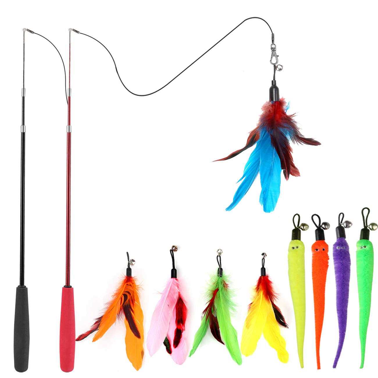 Meohui Cat Toys , Interactive Cat Toy 2PCS Retractable Wand Toy and 9PCS Feather Toys Refills - Healthber