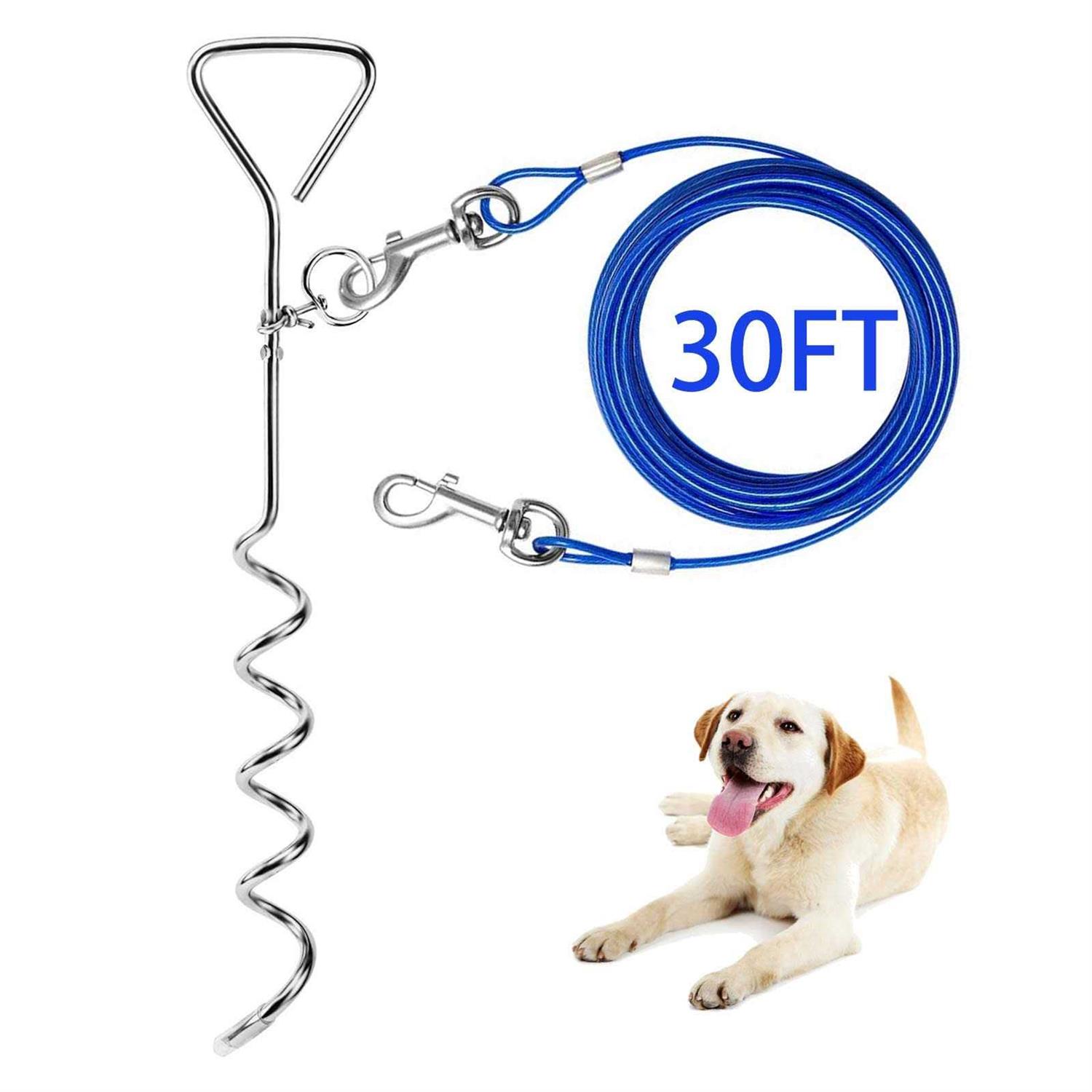 DILOOG Dog Tie Out Cable and Anti Rust Spiral Stake , 30ft Outside Leash&Chain for Camping and Yard - Healthber