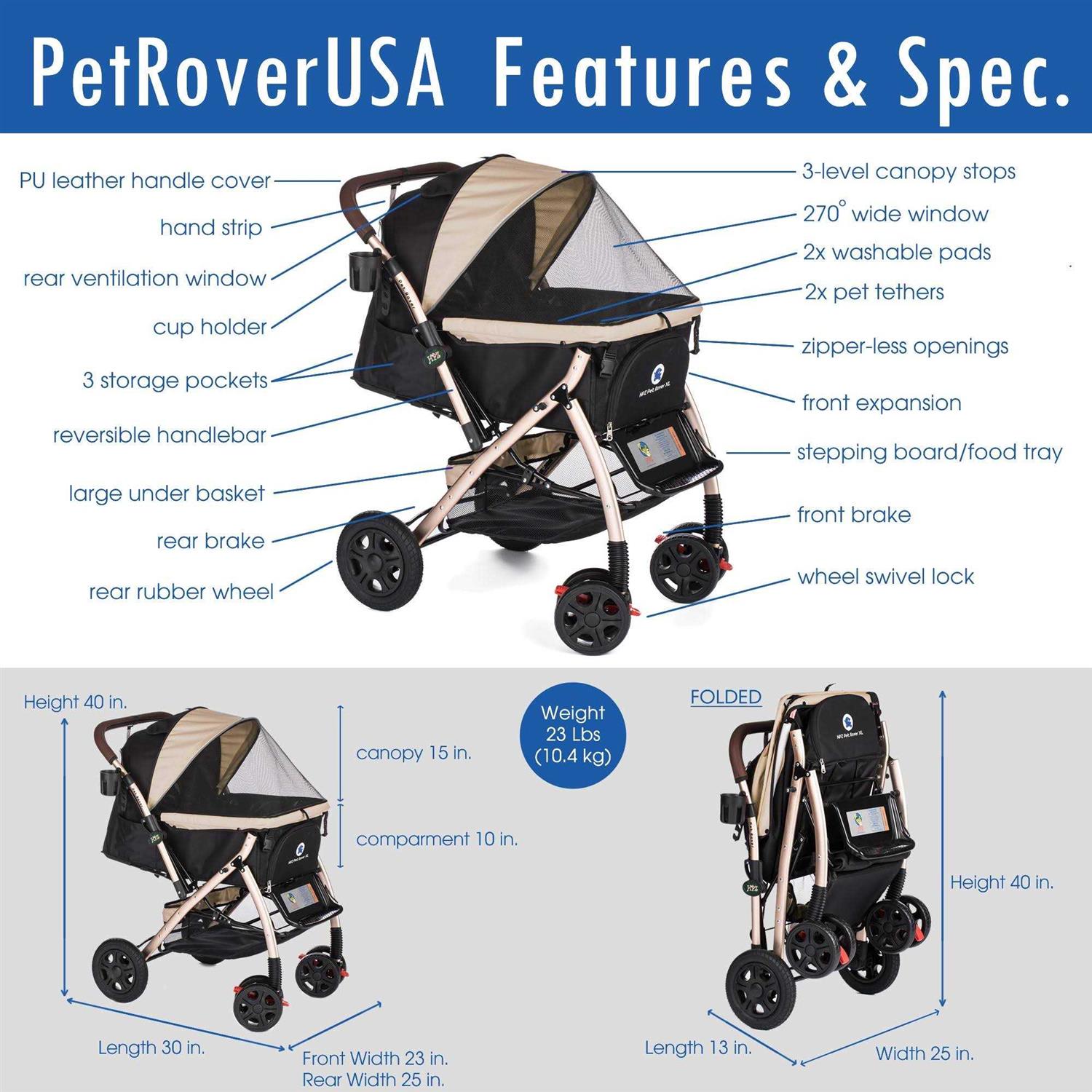 Pet Rover Extra Long Premium Pet Stroller - Healthber