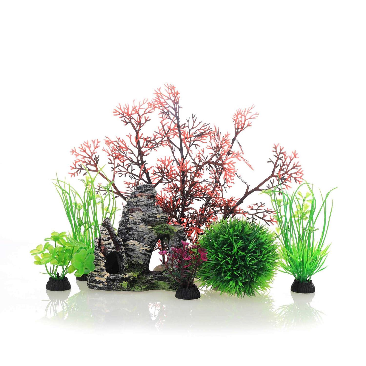 JIH Aquarium Fish Tank ,Plastic , Decorations Decor Set 7 Pieces, Small and Large Artificial Fish Tank Plants with Cave Rock - Healthber