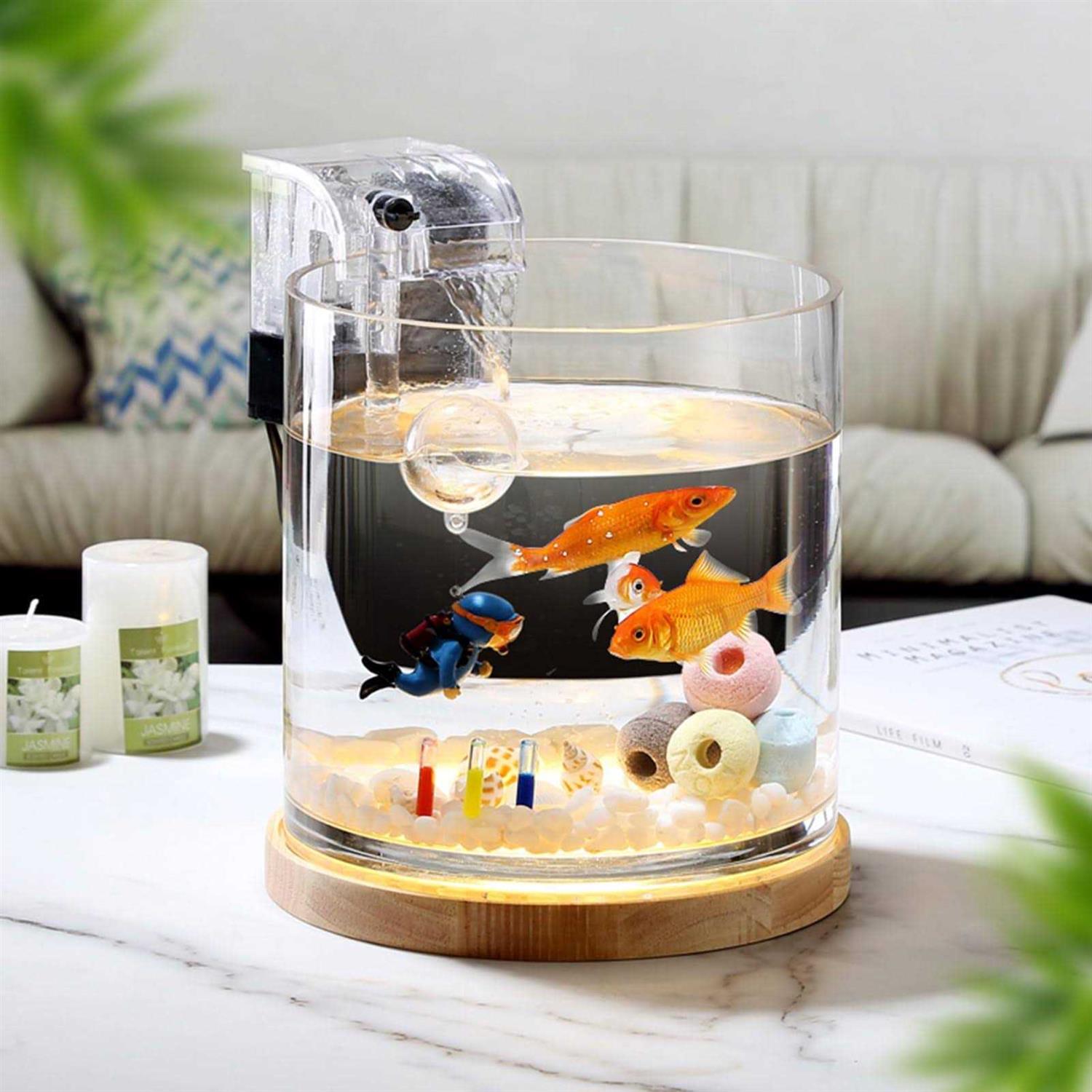 SANOSY Aquarium Starter Kits 0.81-Gallon Fish Tank for Beginner Cylindrical Betta Fish Bowl with Wooden Base LED Light Water Pump - Healthber