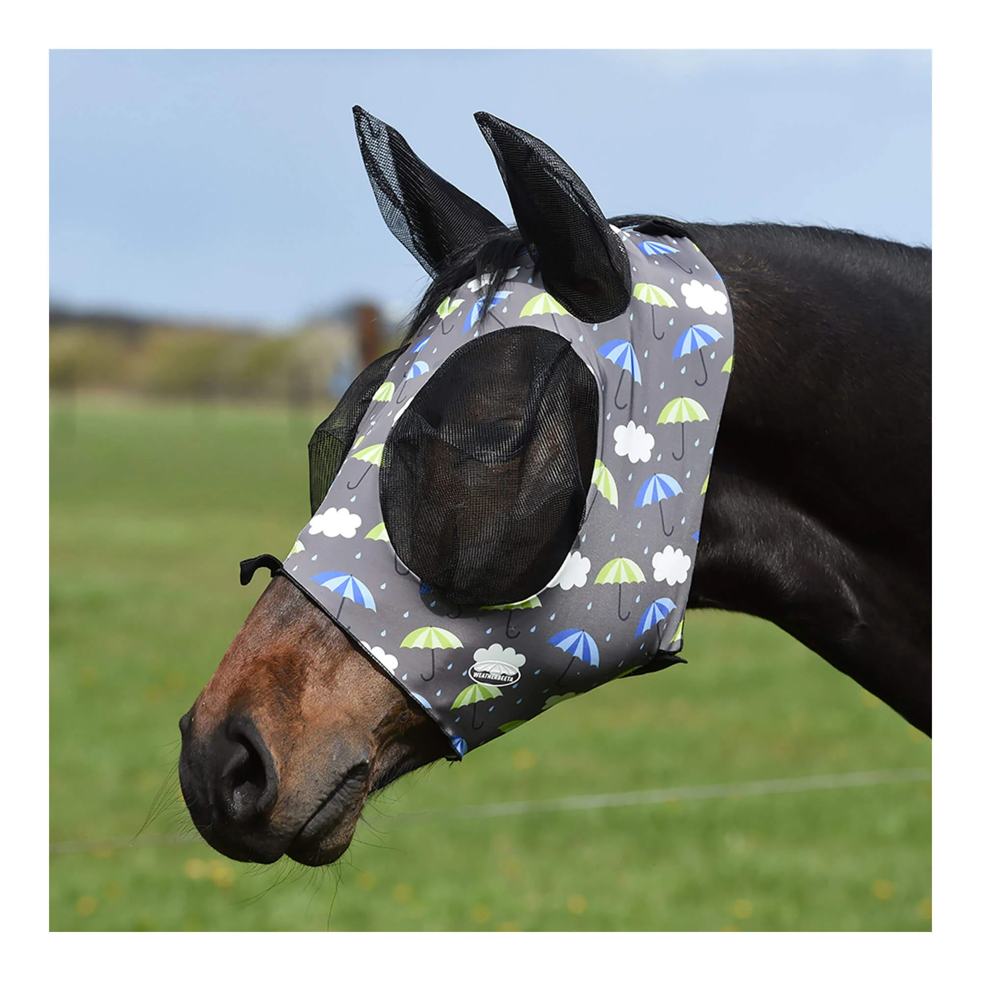 WeatherBeeta Stretch Bug Eye Saver Fly Mask with Ears, Umbrella Print, Full - Healthber