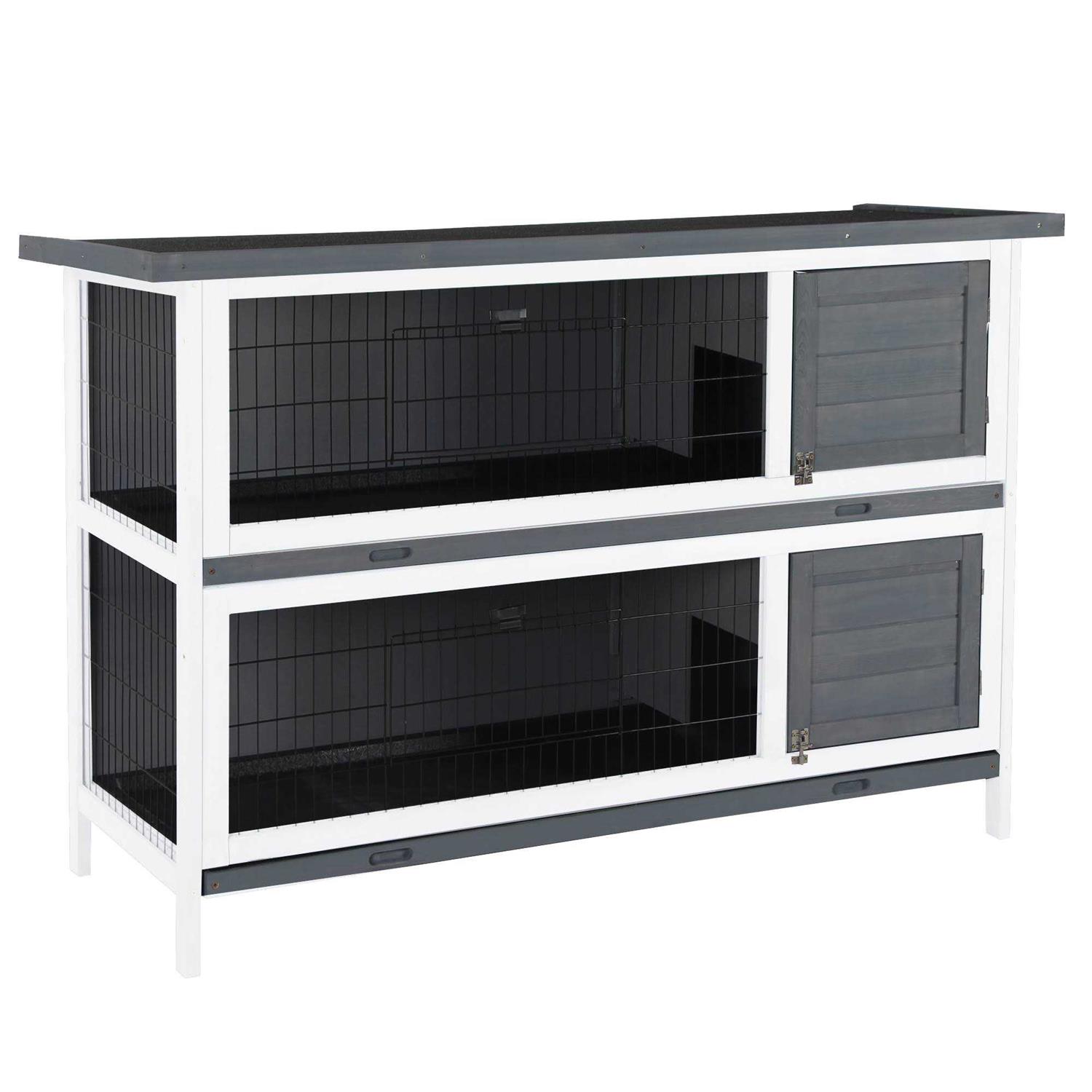 PawHut 54 2-Story Large Rabbit Hutch Bunny Cage Wooden Pet House Small Animal Habitat with Lockable Doors, No Leak Tray and Waterproof Roof - Healthber