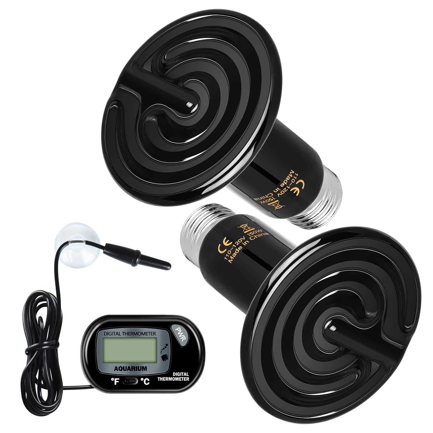 Simple Deluxe 150W Ceramic Heat Emitter Reptile Heat Lamp with Digital-Thermometer - Healthber