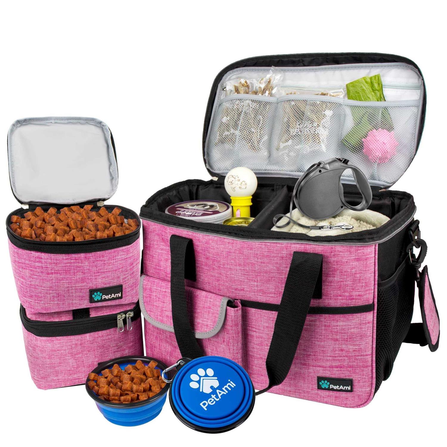PetAmi Dog Travel Bag, Travel Pet Bag Organizer, Dog Food Travel Bag with Food container and Bowls - Healthber