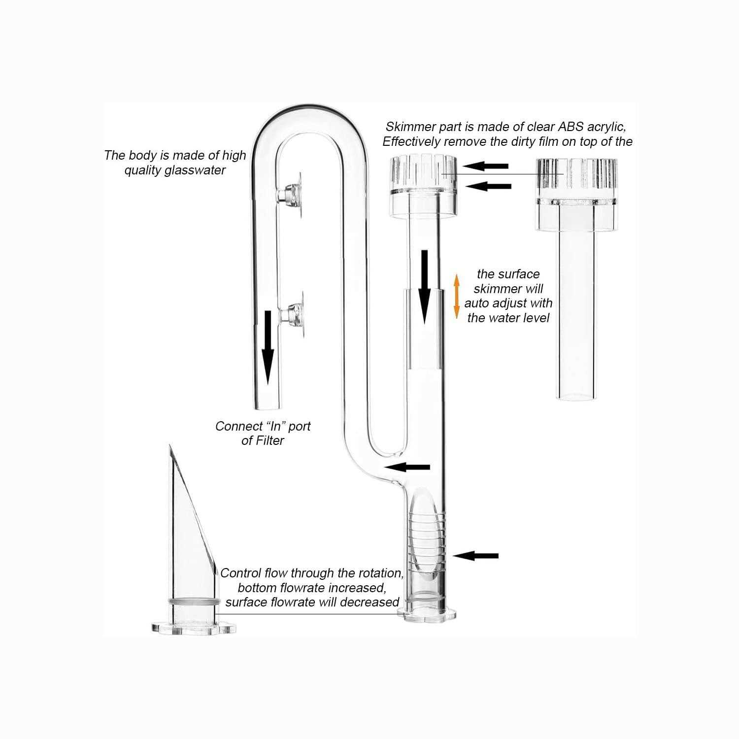 FZONE Aquatic Glass Lily Pipe Set with Lily Skimmer Inflow and Lily Outflow for Aquarium Filter 5/8” Tubing - Healthber