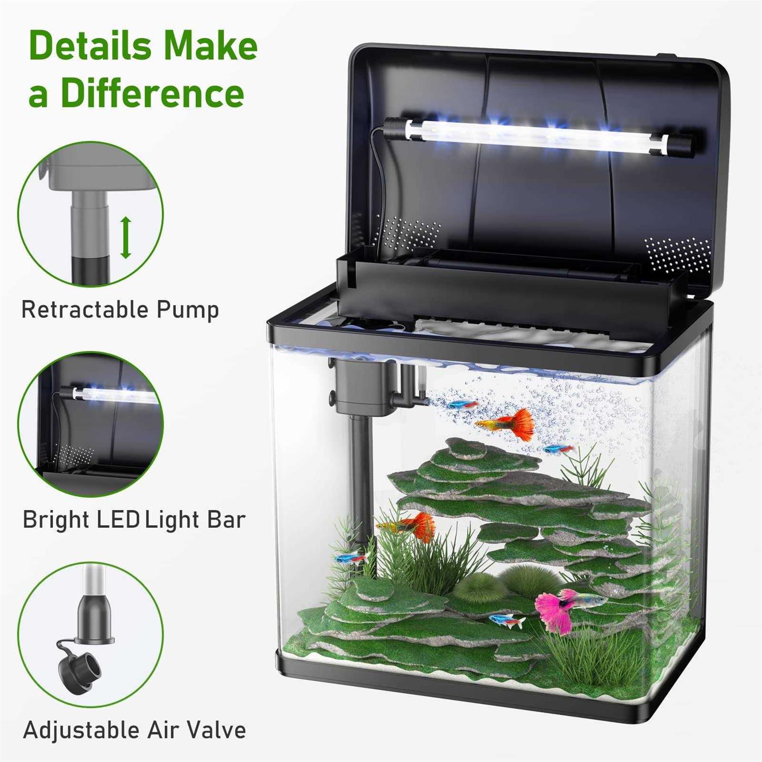 Pondon 5 Gallon Fish Tank, Glass Aquarium with Air Pump, LED Cool Lights and Filter - Healthber