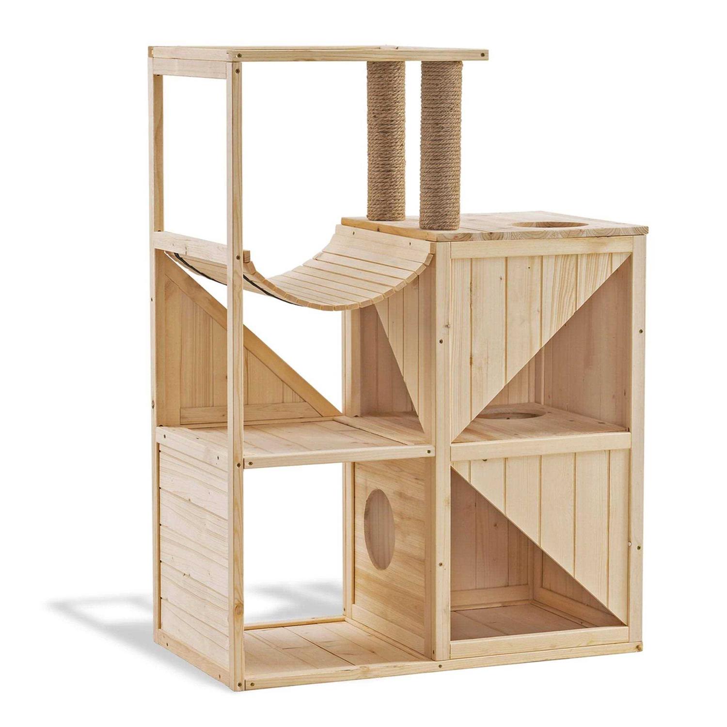MCombo 43.5 inch Tall Solid Wood Cat House w/ Scratching Columns 0505 - Healthber